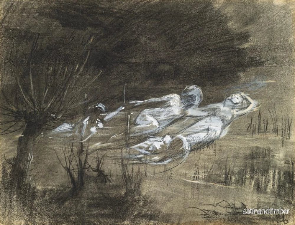 Reproduktion av målningen av en kvinnlig figur som flyter i en flod, assisterad av två kvinnliga andar - Frederick Trapp Friis - Bild 2