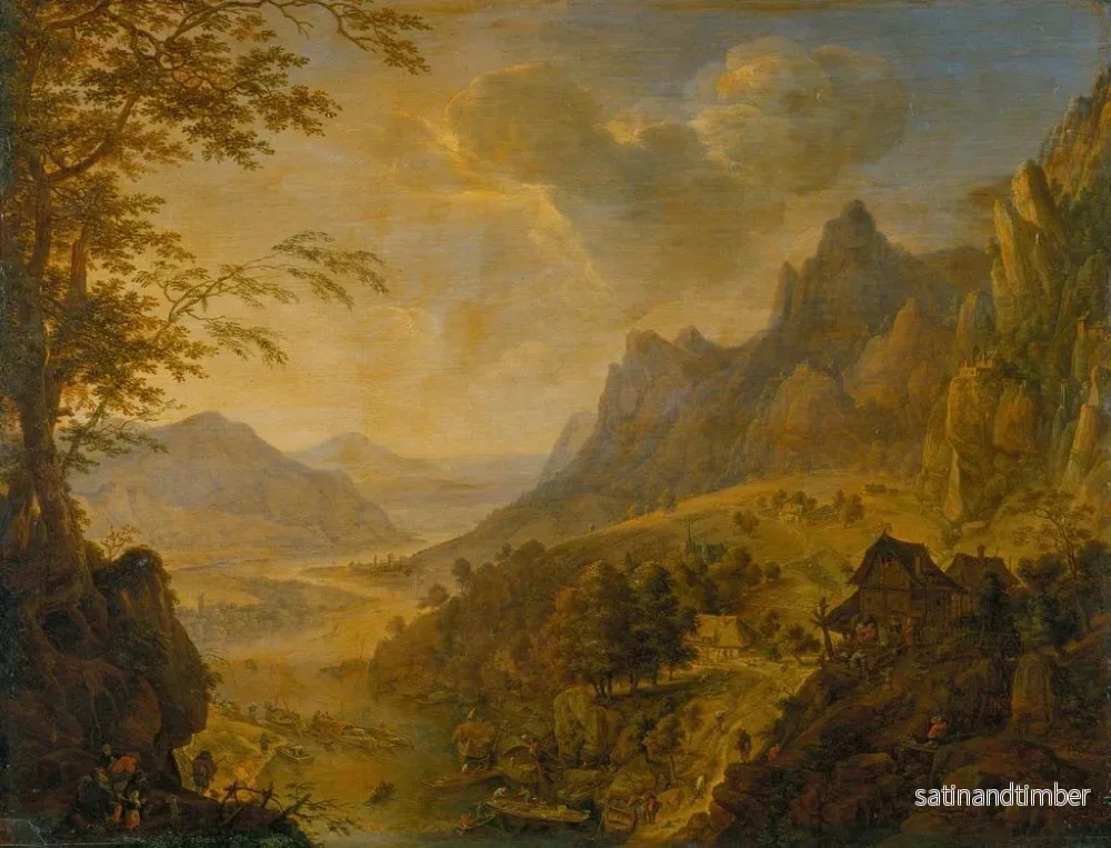 Reproduktion av målningen Landskapsmålning med berg, en flod i förgrunden och en by med flera båtar förtöjda vid stranden - Herman Saftleven III - Bild 2