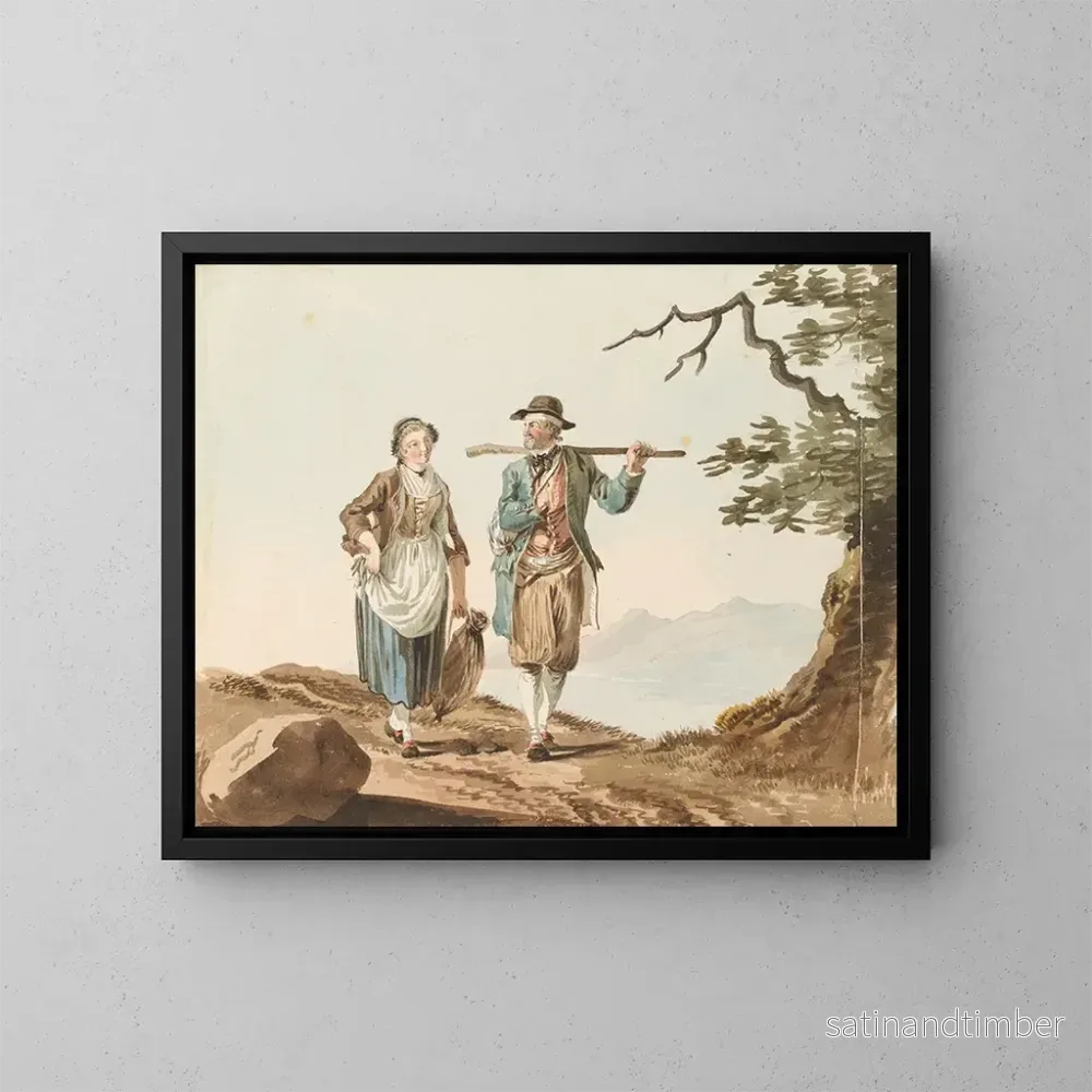 Reproduktion av målningen av ett par i kostymer vid sjön Morat - Johann Karl Müllner