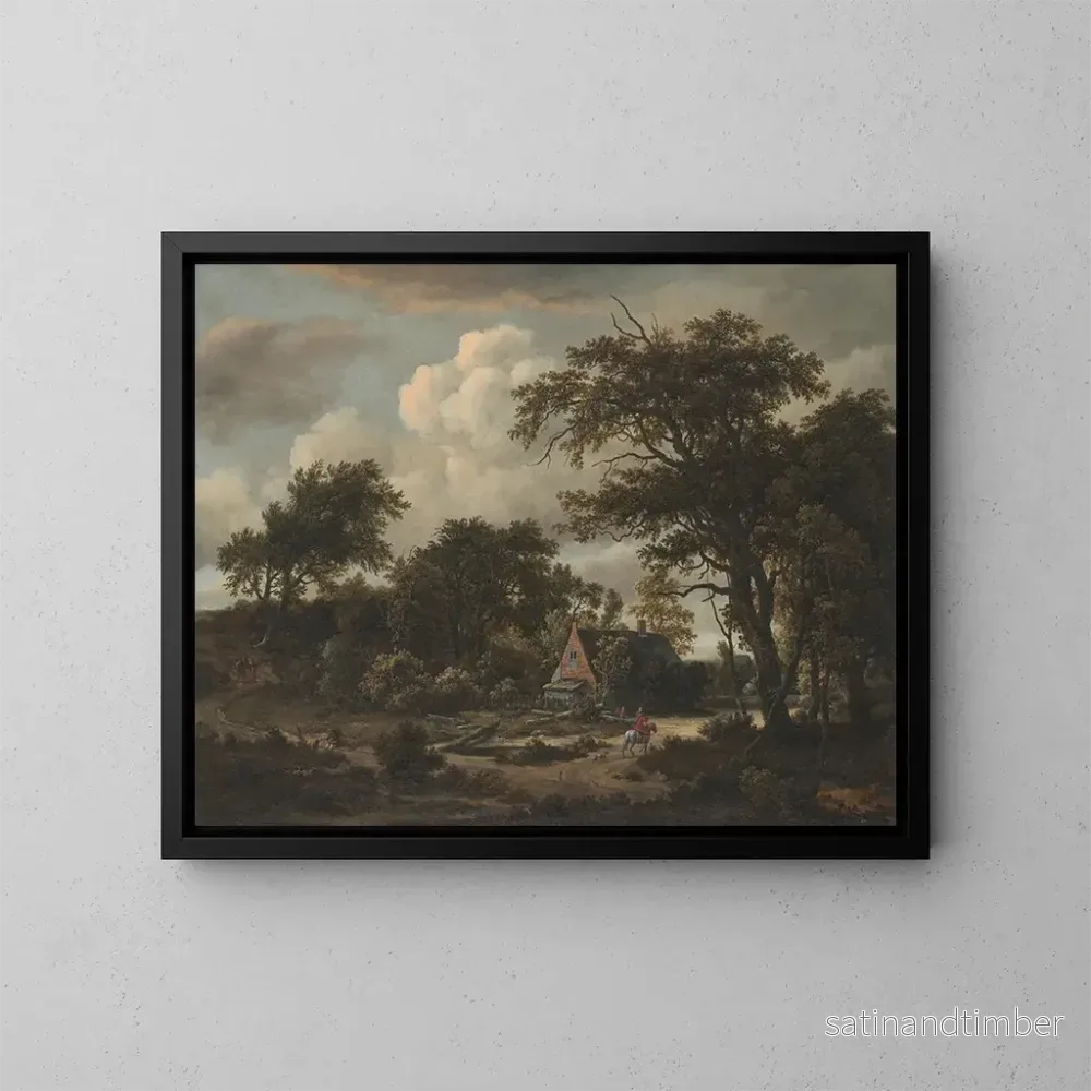 Reproduktion av målningen Landskapsbild med skog, stuga och ryttare - Meindert Hobbema
