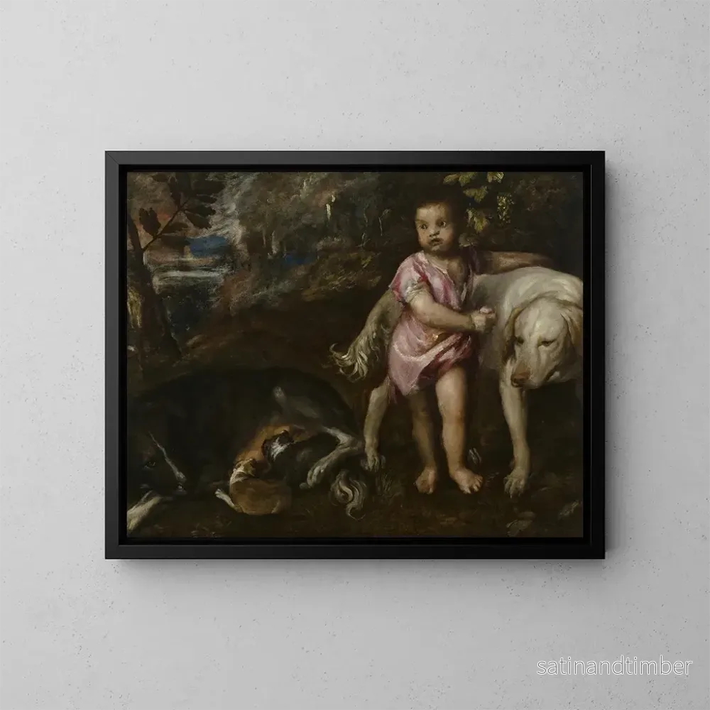Reproduktion av målningen pojke med hundar i ett landskap - Titian