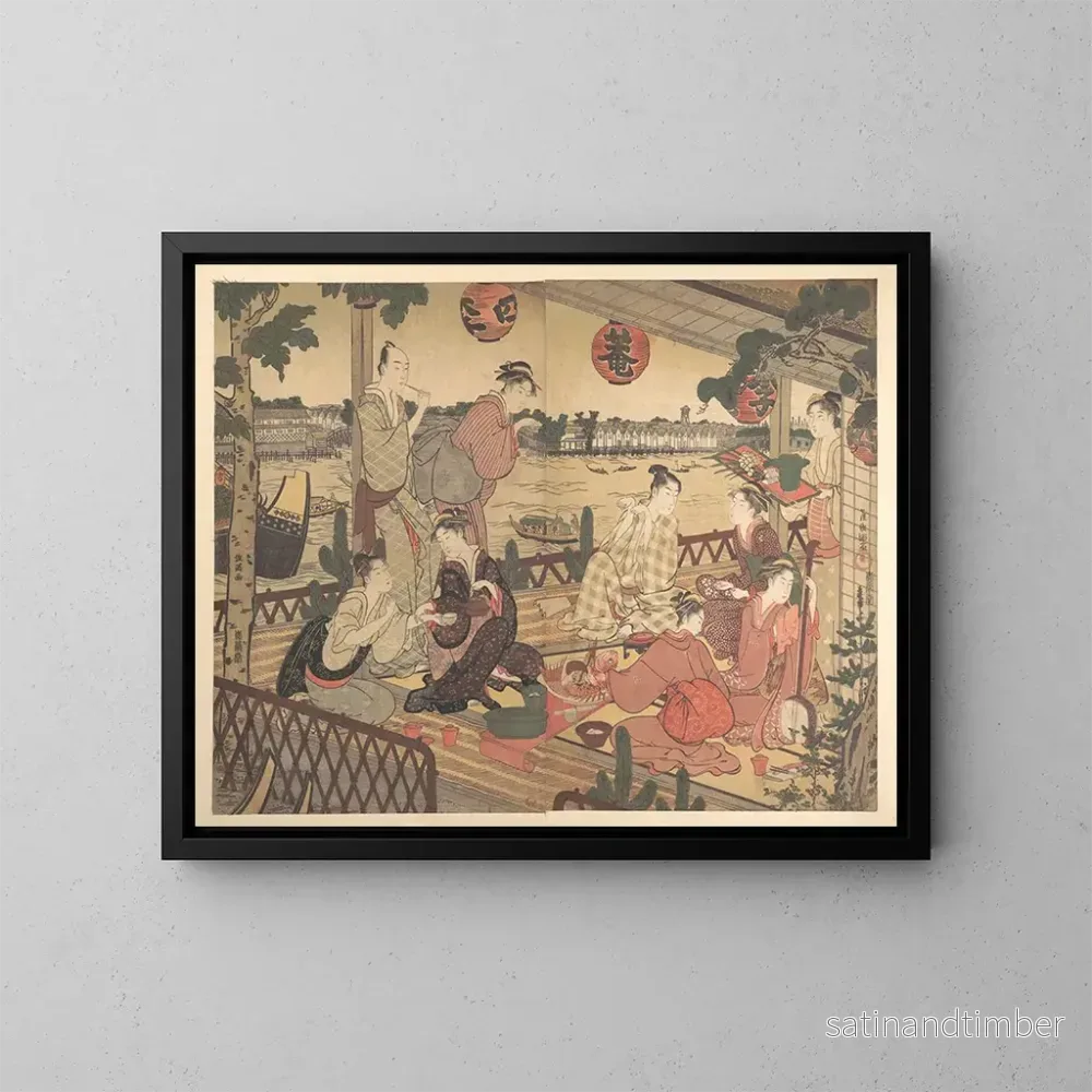 Reproduktion av målningen Två unga män och flera kvinnor som äter middag i ett tehus vid Sumida-floden - Kubo Shunman