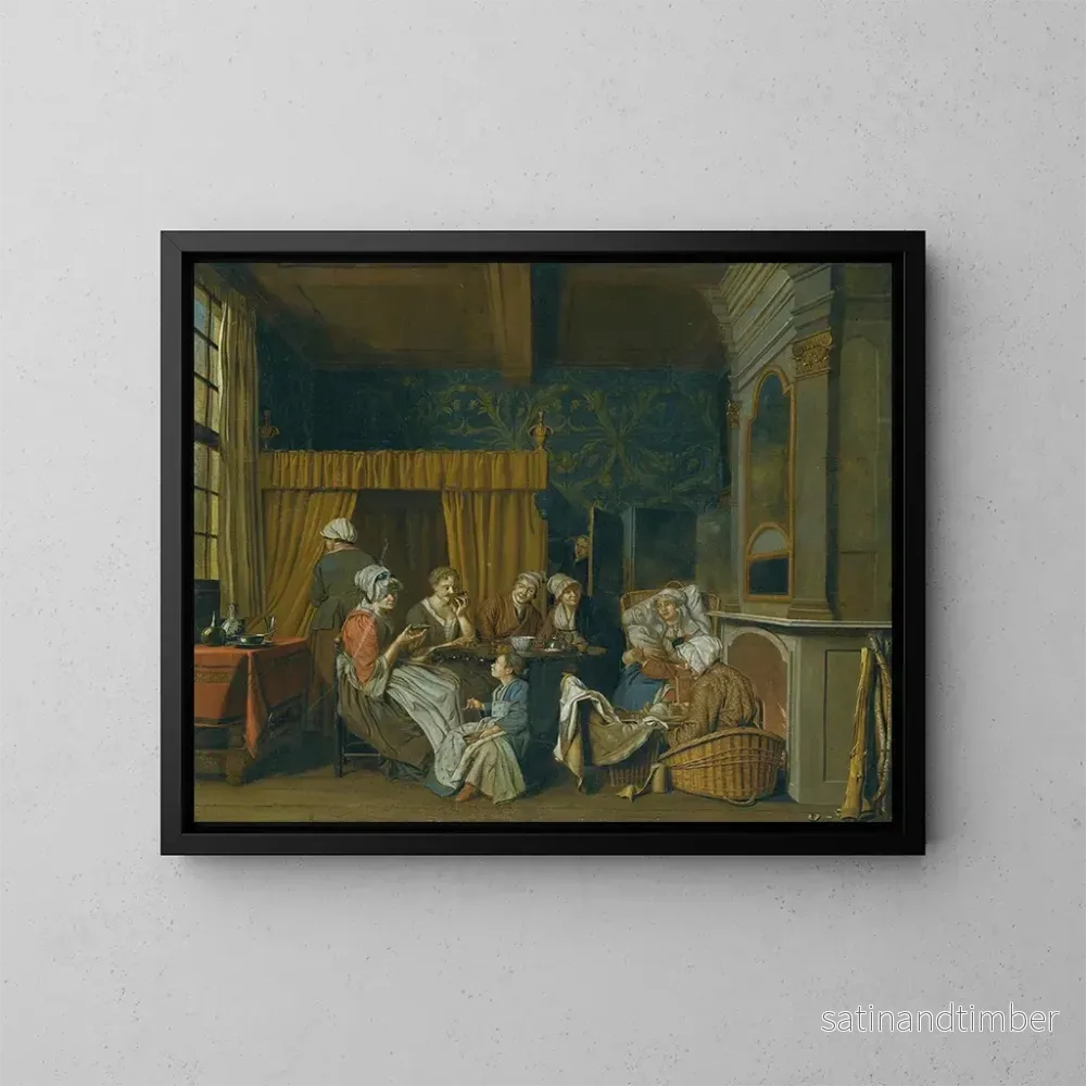 Reproduktion av målningen En familj som dricker te och firar födelsen av tvillingar - Jan Josef Horemans den Yngre