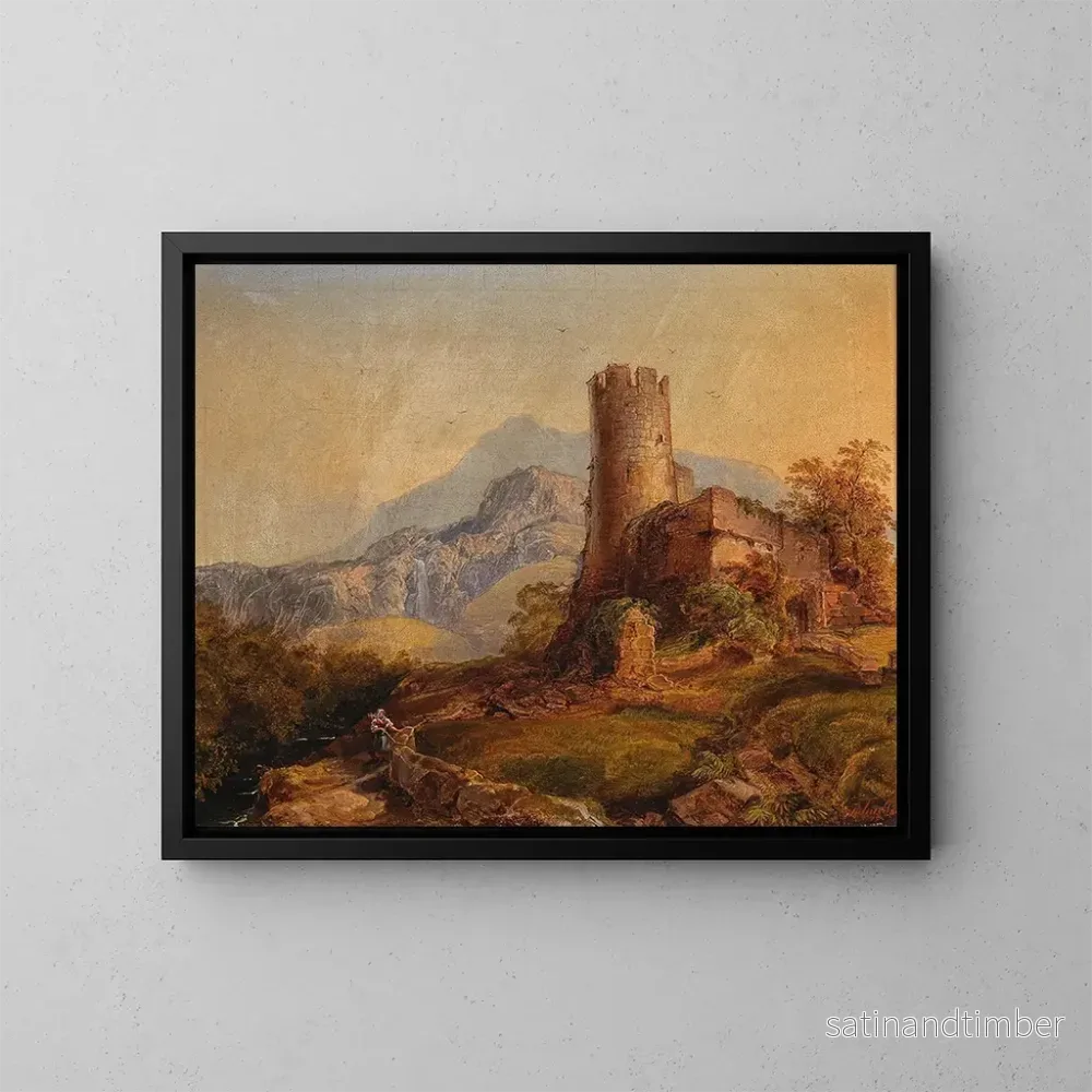 Reproduktion av målningen av ett bergslandskap med slottsruiner och figurer - Julius Theodor Gruss