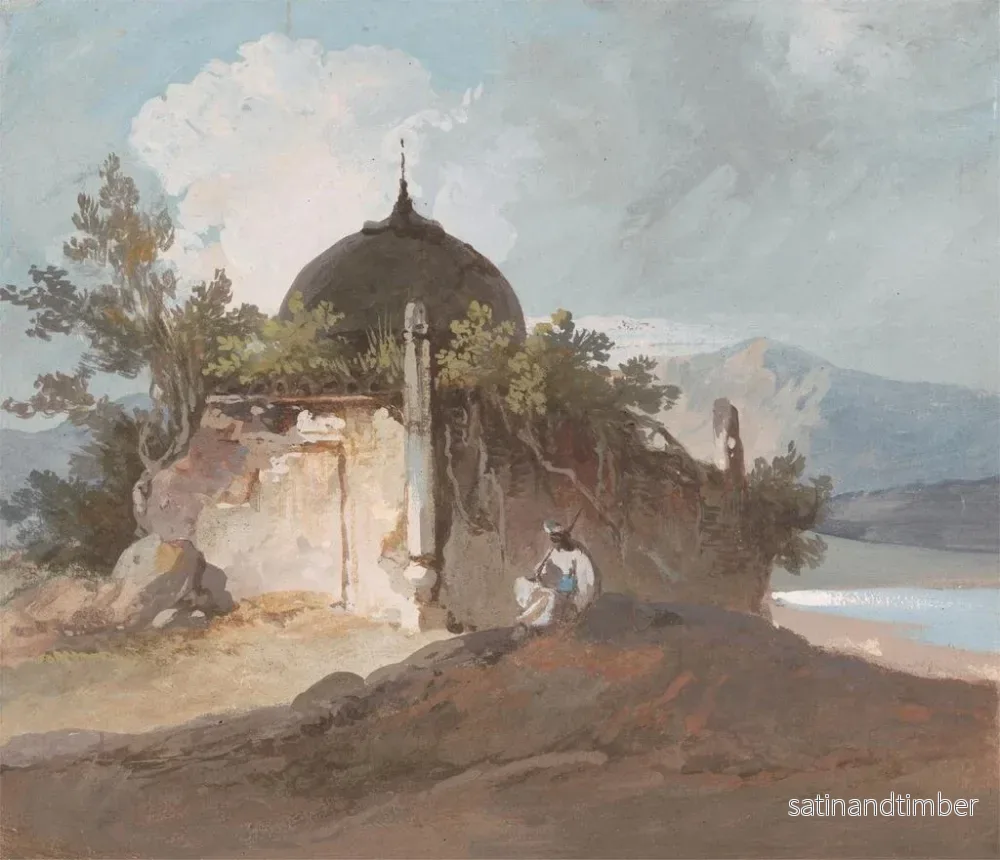 Reproduktion av målningen av en sittande figur nära ett indiskt tempel - George Chinnery - Bild 2