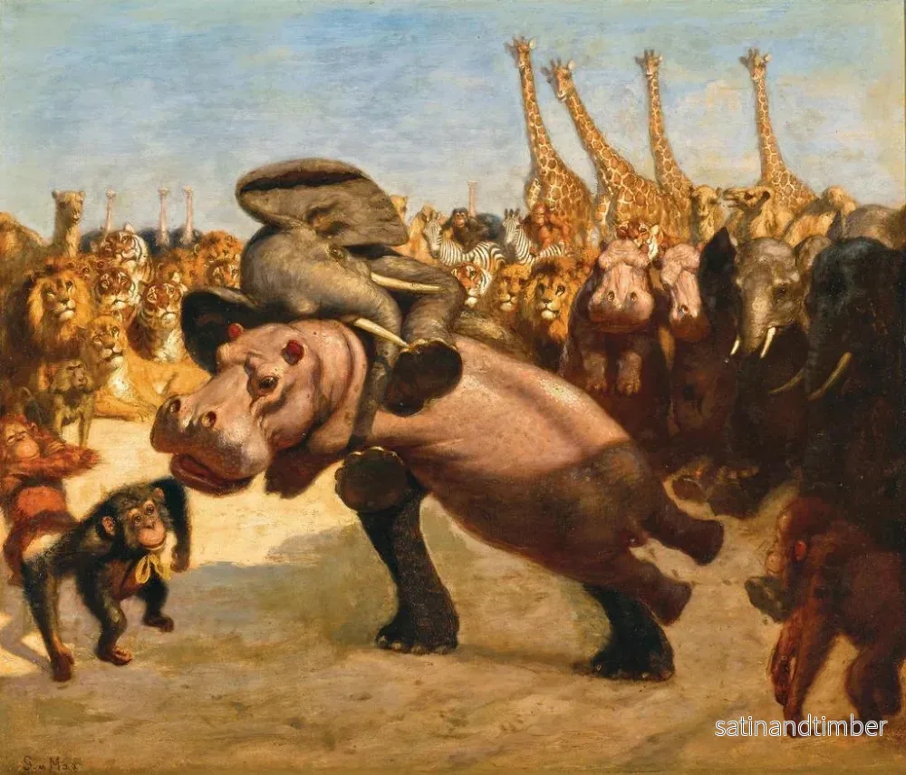 Reproduktion av målningen av apor som domare i kampen mellan en elefant och en flodhäst - Gabriel von Max - Bild 2
