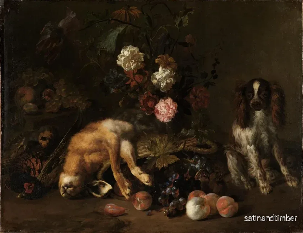 Reproduktion av målningen av stilleben med vilt, blommor, frukter och en spaniel - Nicolas de Largillière - Bild 2