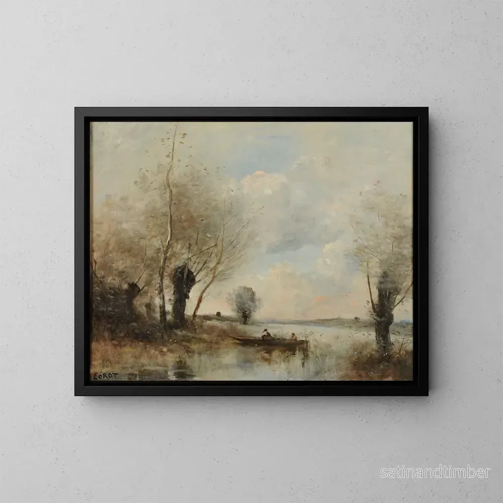 Reproduktion av målningen av båtfiske vid pilträden - Jean-Baptiste-Camille Corot