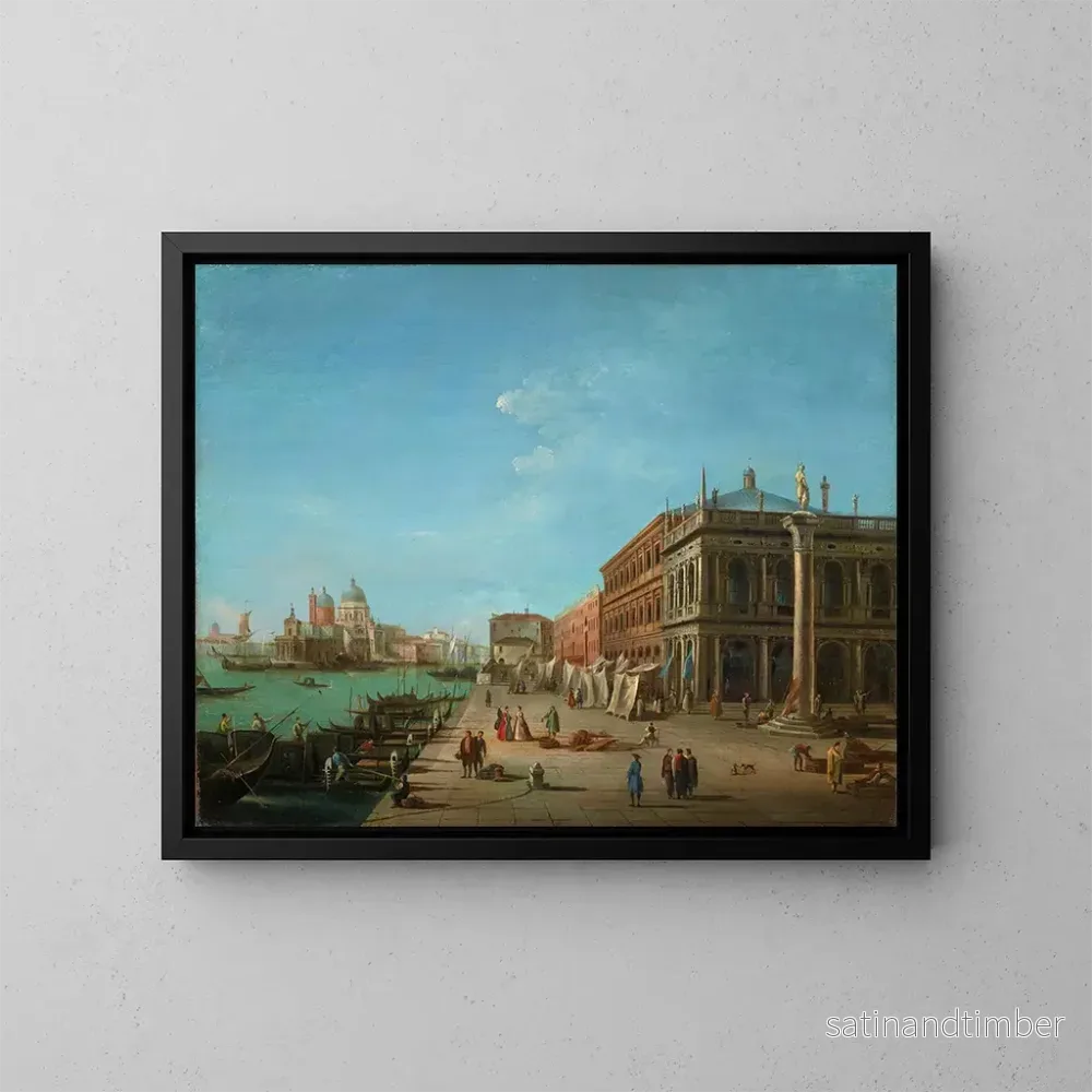 Reproduktion av målningen Le Molo med Palazzo della Zecca och Biblioteket Marciana, Santa Maria della Salute-kyrkan i fjärran – Giuseppe Bernardino Bison