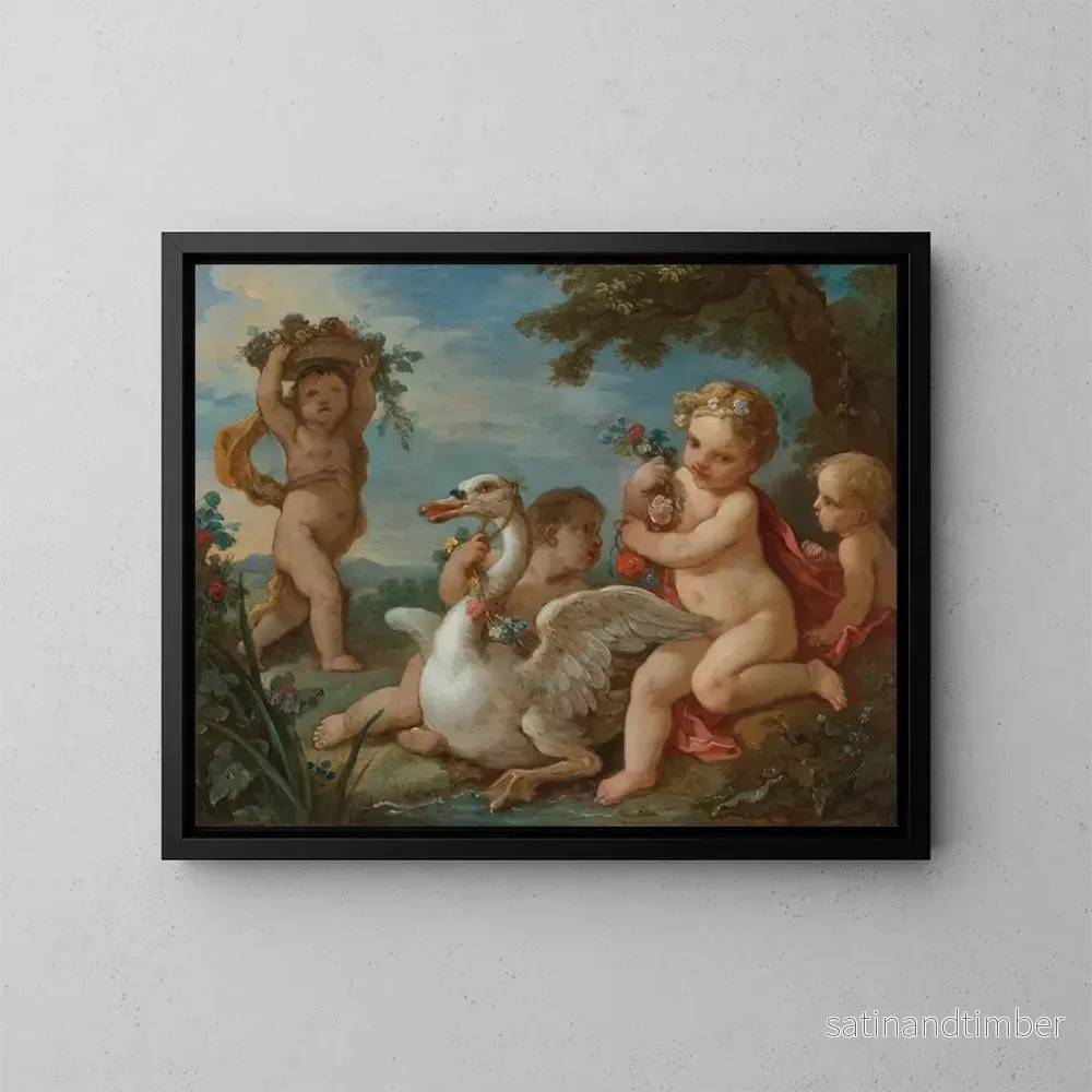 Reproduktion av målningen Putti som pryder en svan med en blomsterkrans - Charles-Joseph Natoire