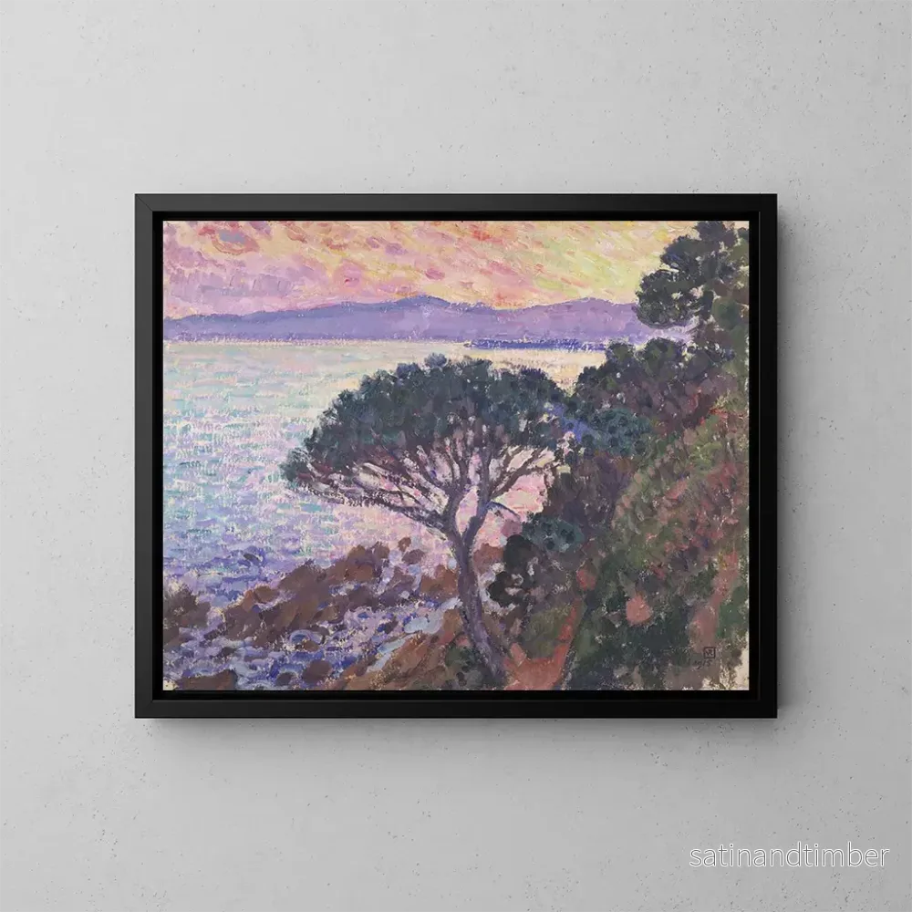 Reproduktion av målningen av parasolstol nära Medelhavet vid solnedgången - Theo van Rysselberghe