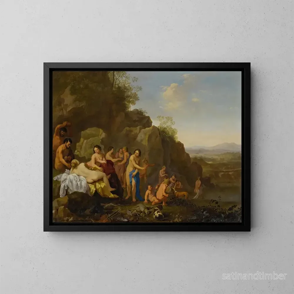 Reproduktion av målningen Diane och hennes nymfer i ett landskap med jaktens byten - Cornelis van Poelenburch