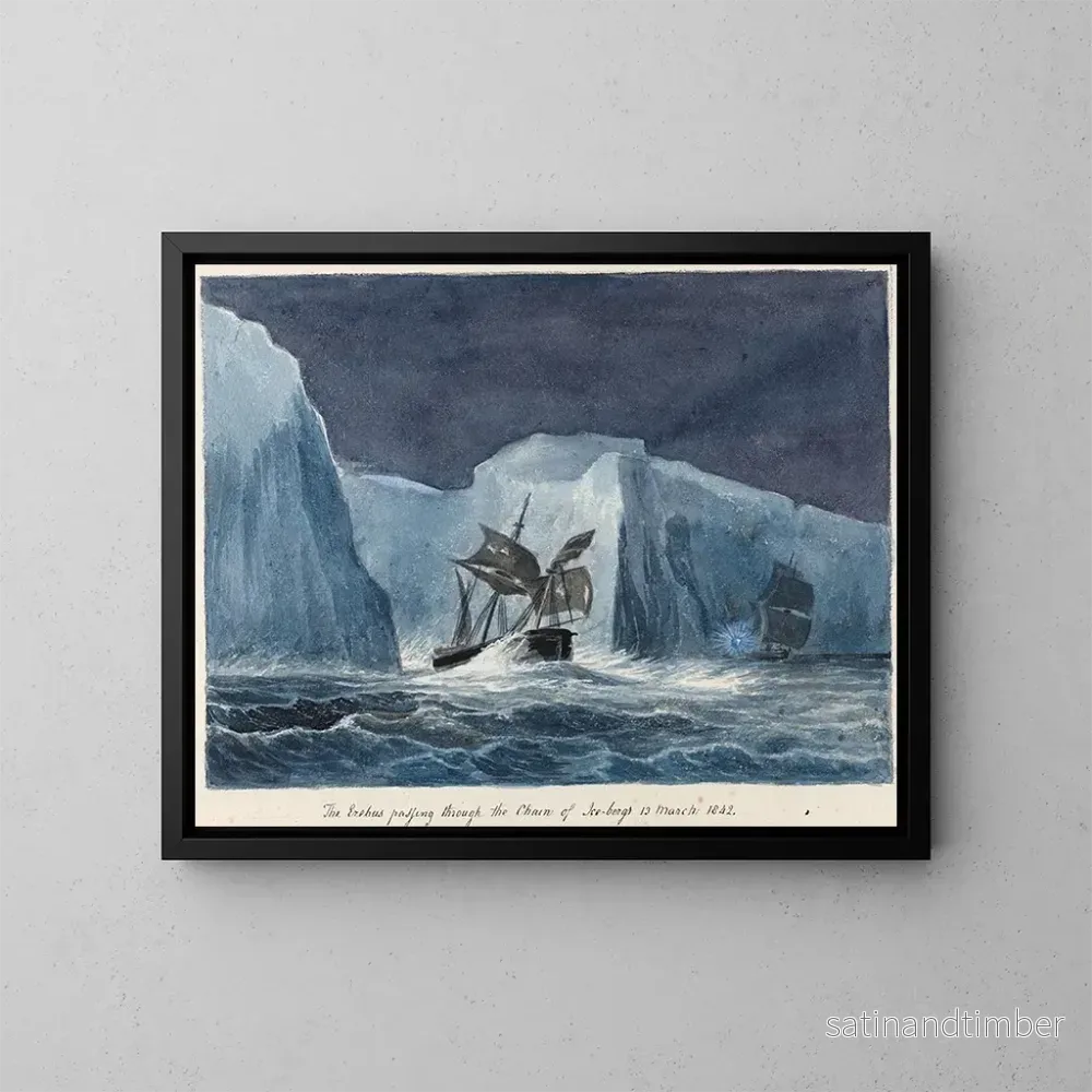 Reproduktion av målningen L'Erebus passerar genom isbergskedjan - Charles Hamilton Smith