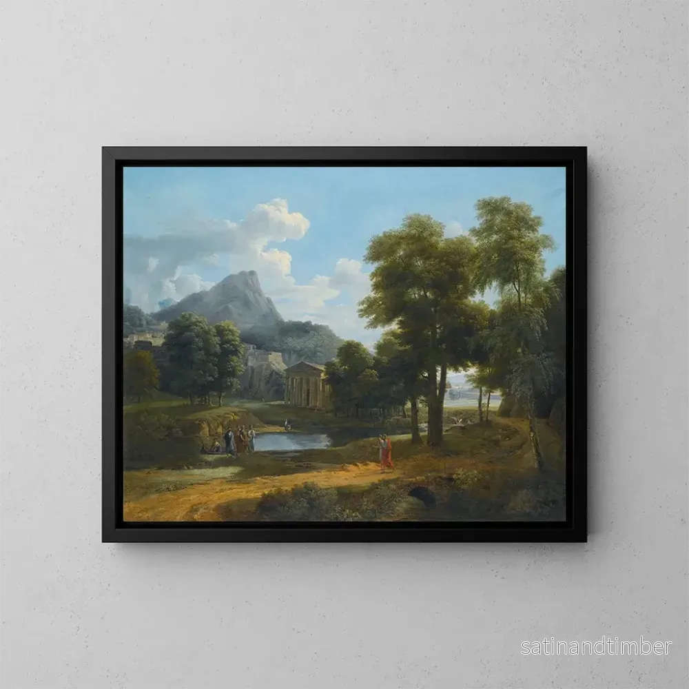 Reproduktion av målningen av ett bergslandskap med utsikt över Phénéos och Minerve Caphyes-templet - Jean-Victor Bertin