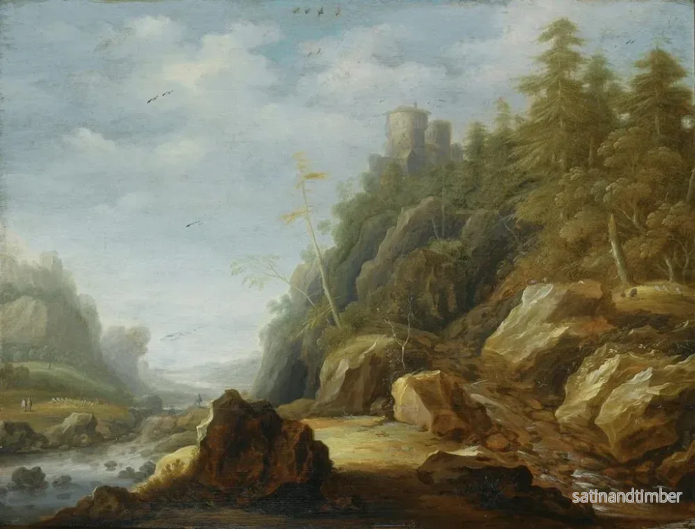 Reproduktion av målningen Ett landskap av Rocky Mountains med ett fort på en kulle, herdar med sin hjord bortom - Joachim Govertsz Camphuysen - Bild 2