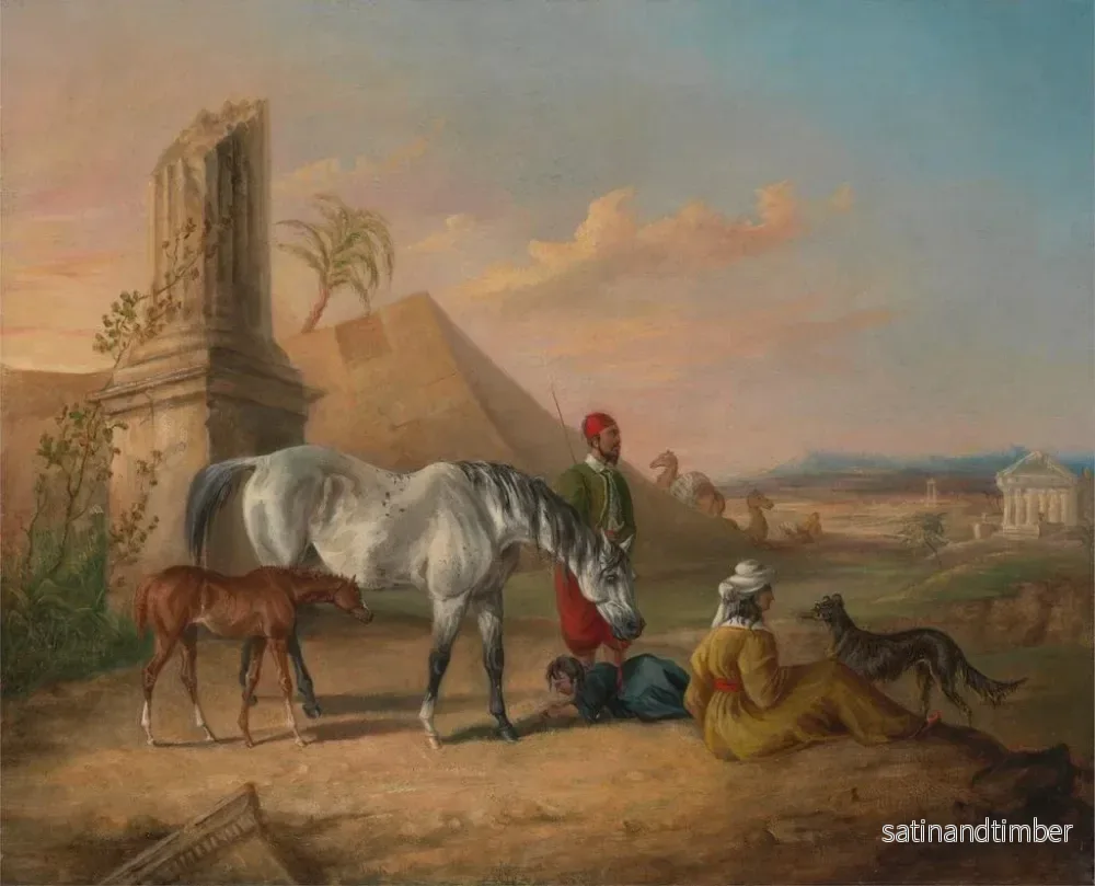 Reproduktion av målningen av arabisk grå häst och hennes föl med en familj - George Henry Laporte - Bild 2