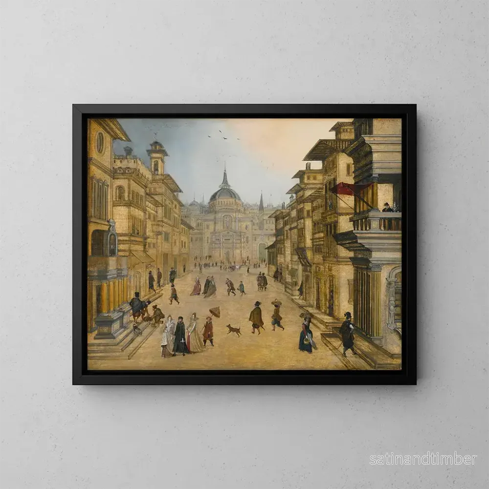 Reproduktion av målningen Eleganta figurer som promenerar i en renässansstad - Louis de Caullery