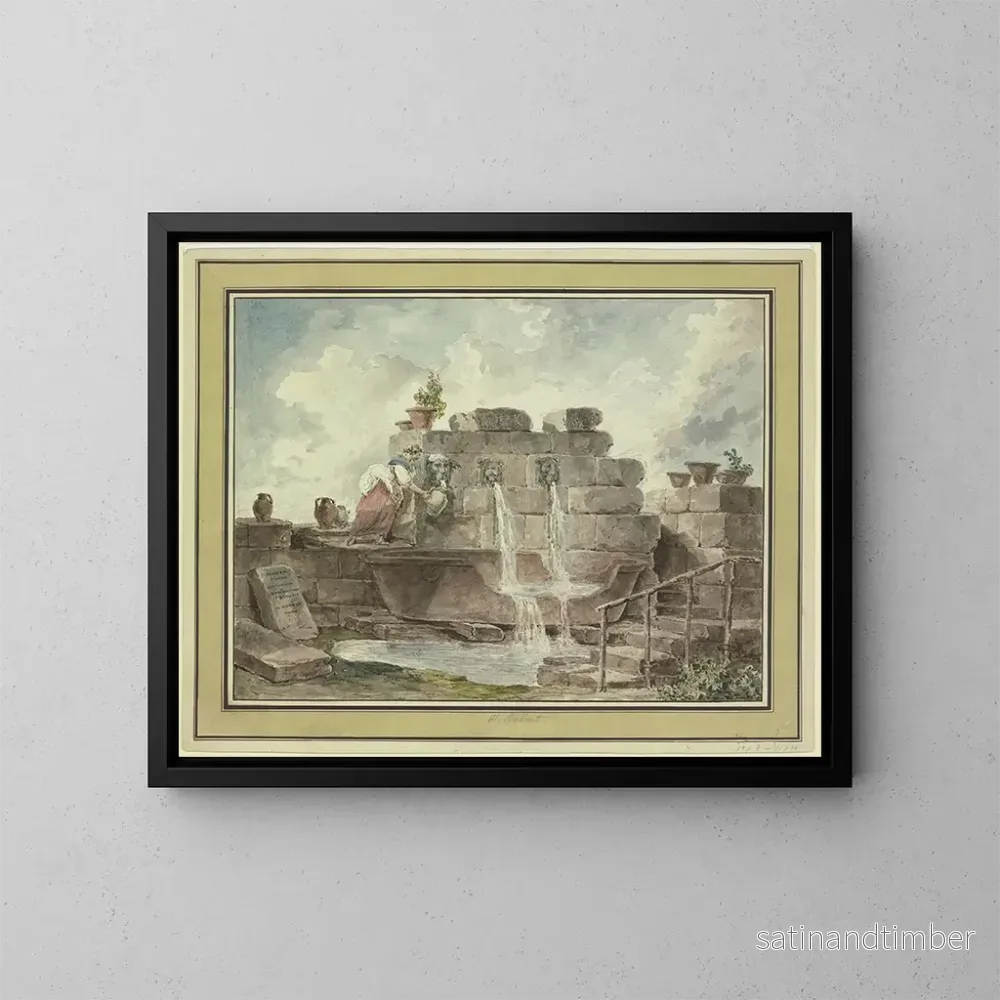 Reproduktion av målningen En romersk fontän med en kvinna som samlar vatten - Hubert Robert