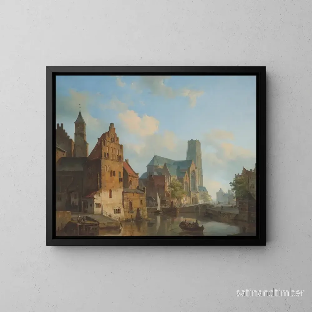 Reproduktion av målningen En vy av Delftse Vaart och Saint-Laurent-kyrkan i Rotterdam – Cornelis Springer Reproduktion av målningen En vy av Delftse Vaart och Saint-Laurent-kyrkan i Rotterdam – Cornelis Springer
