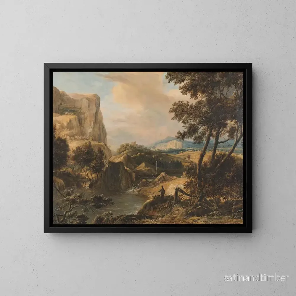 Reproduktion av målningen landskapsbild med berg och fiskare - Roelant Roghman