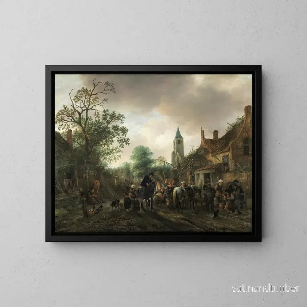 Reproduktion av målningen Längd: 40 cm x 50 cm, olja på duk, 17:e århundradet, Nederländerna. Konsttryck av L'Arrêt à l'auberge - Isaac van Ostade