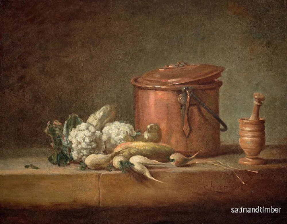 Reproduktion av målningen av kopparmarmite, blomkål och grugeur med sin mortel på ett skåp - Jean Siméon Chardin - Bild 2