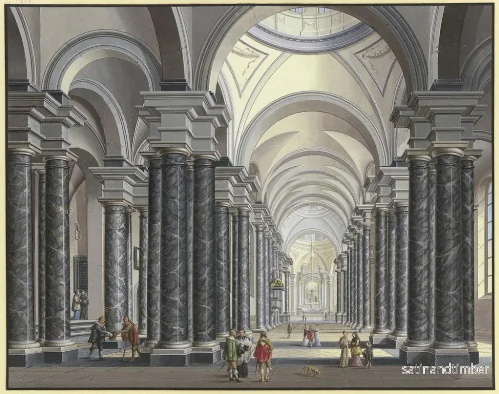 Reproduktion av målningen Utsikt inuti en barock kyrka med kolonner i svart marmor och scenfigurer i 1600-talsdräkt 1790 - Johann Ludwig Ernst Morgenstern - Bild 2