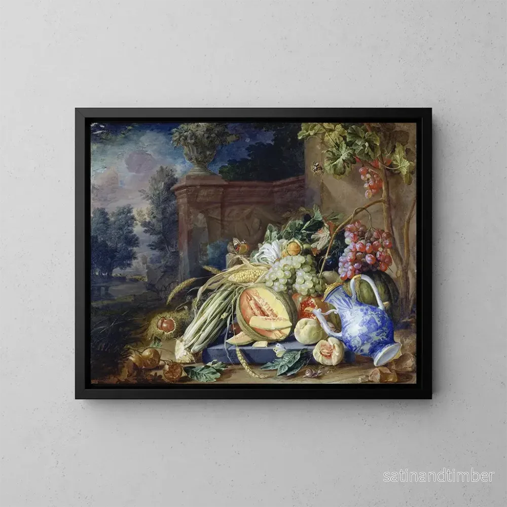 Reproduktion av målningen av stilleben med grönsaker och frukter framför en trädgårdsbalustrad - Cornelis de Heem