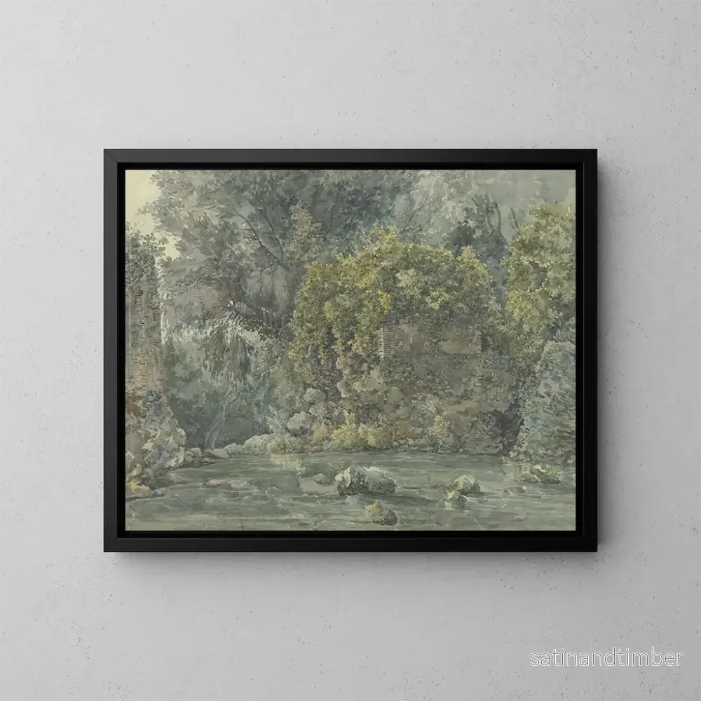Reproduktion av målningen landskapsbild med skog och ruin vid en bäck - Jakob Philipp Hackert