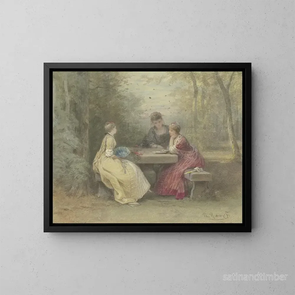 Reproduktion av målningen Läsning i parken, tre unga damer i watteau-klädsel sittande runt ett stenbord - Philipp Rumpf