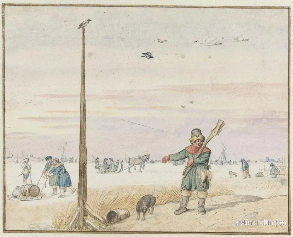 Reproduktion av målningen av vinterlandskap med en andjägare, viltet i bältet och hans gevär på axeln, vid kanten av en frusen flod - Hendrick Avercamp - Bild 2