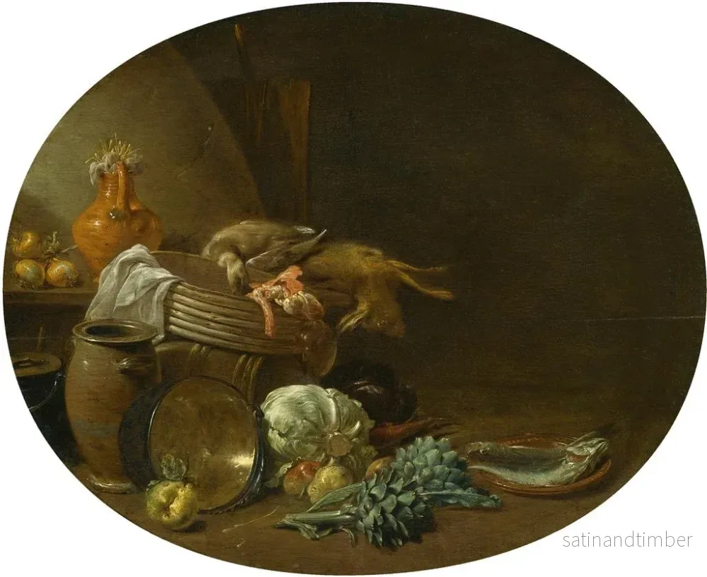 Reproduktion av målningen av köksstill life med hare, anka, kronärtskockor, kål, päron, en fisk på en terrakottatallrik och kastruller - Jan Olis - Bild 2