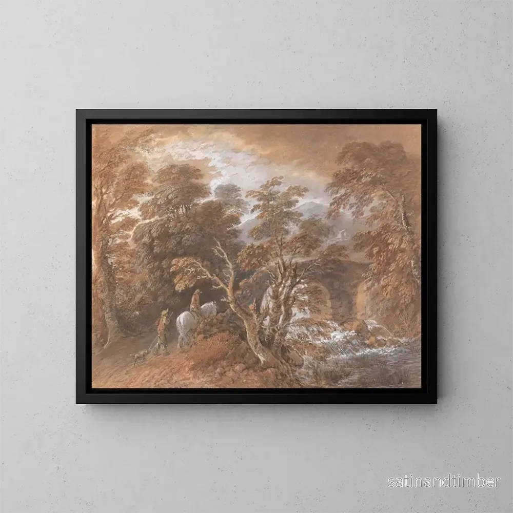 Reproduktion av målningen Landskapsmålning med böljande landskap och figurer som närmar sig en bro - Thomas Gainsborough