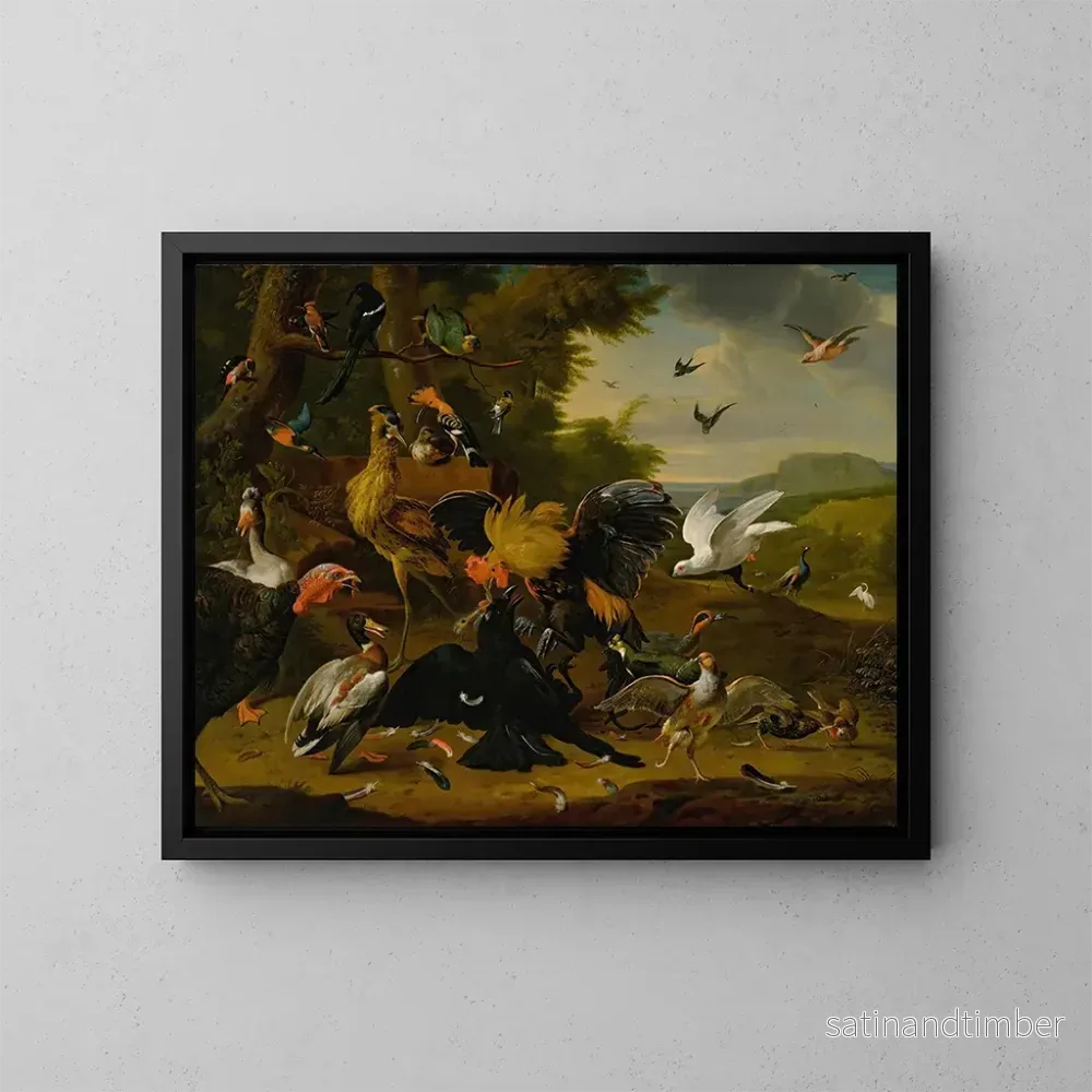 Reproduktion av målningen La fable d'Ésope du corbeau - Atelier de Melchior de Hondecoeter