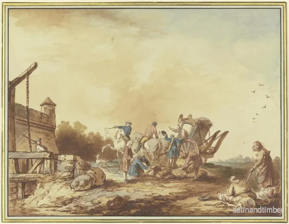 Reproduktion av målningen Framför porten till ett fort, är en resenärs bagage som stannar där med sin diligens genomsöks, till höger en familj av tiggare med en hund. - Francesco Giuseppe Casanova - Bild 2
