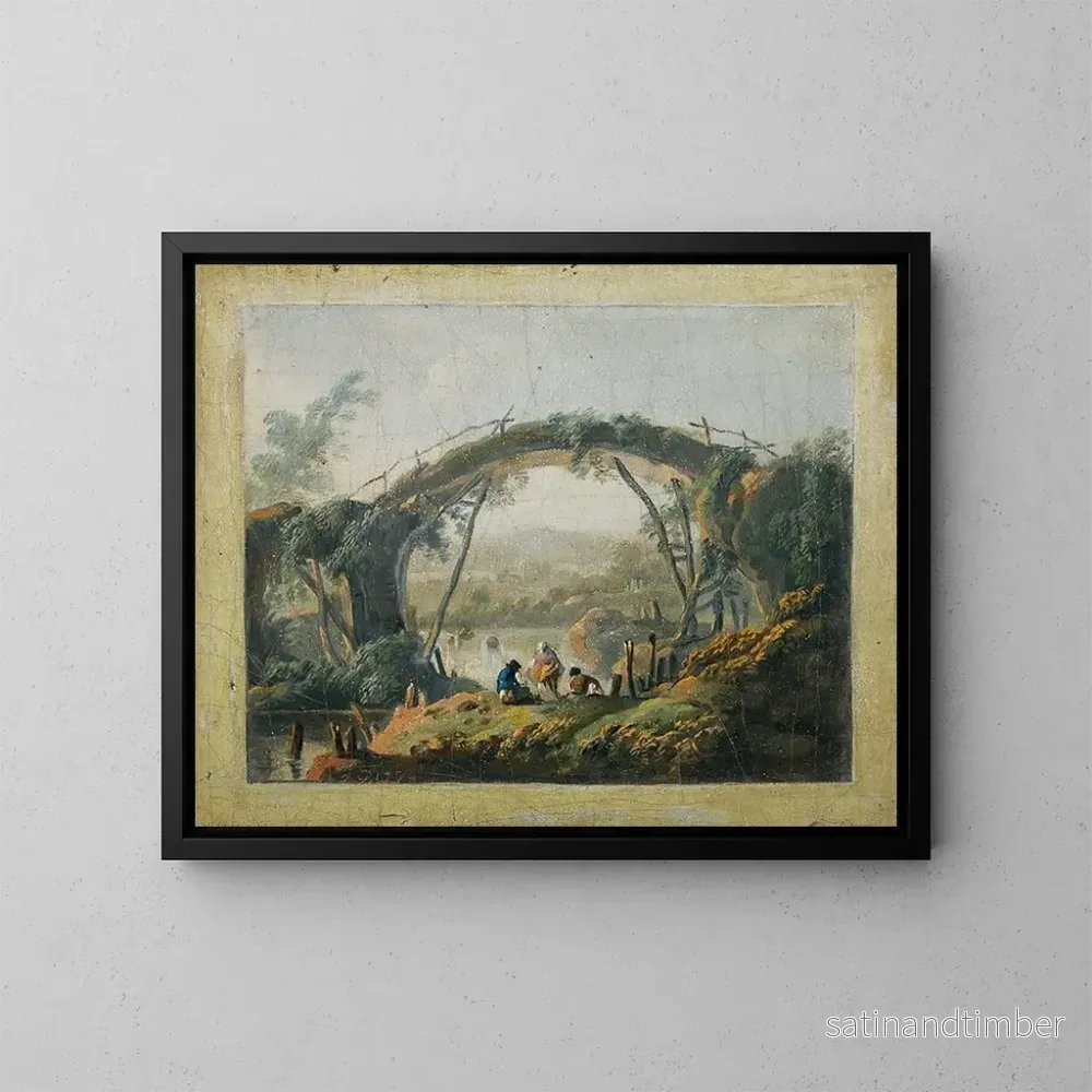 Reproduktion av målningen En par landskapsmålningar med floder och figurer som närmar sig en bro - Jean-Baptiste Pillement