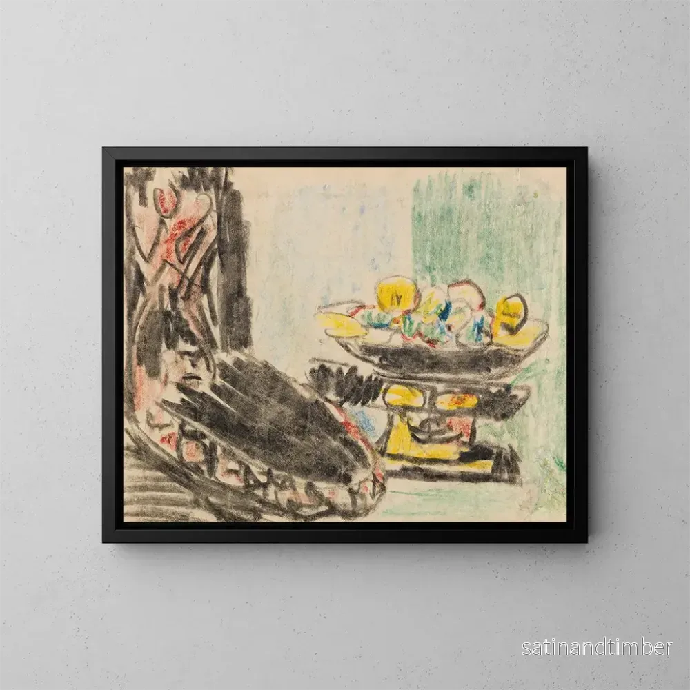 Reproduktion av målningen av stilleben bredvid en skulpterad stol - Ernst Ludwig Kirchner