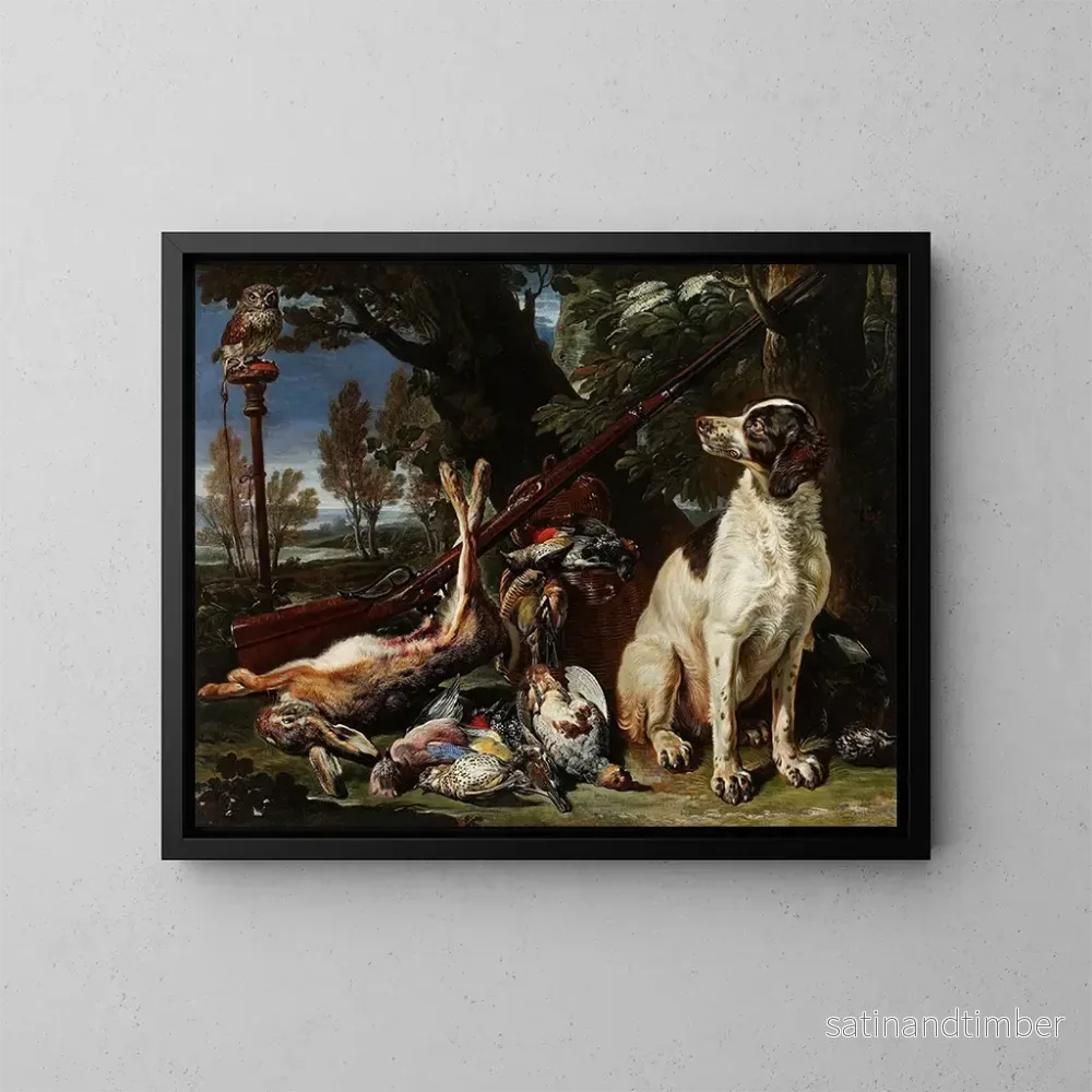 Reproduktion av målningen Trophées de chasse de chiens et un hibou – David de Coninck Reproduktion av målningen Trophées de chasse de chiens et un hibou – David de Coninck