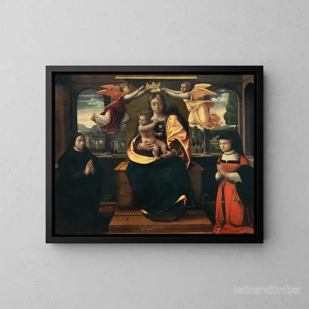 Reproduktion av målningen La Vierge à l'Enfant couronnée par deux anges et flanquée de deux donateurs - Manière de Vincenzo Foppa