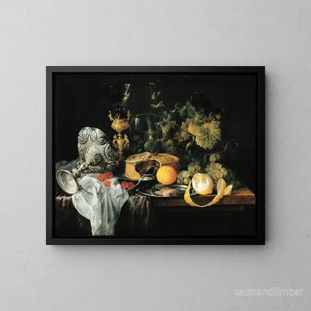 Reproduktion av målningen av en storslagen stilleben med fruktpaj och koppar - Jan Davidsz de Heem
