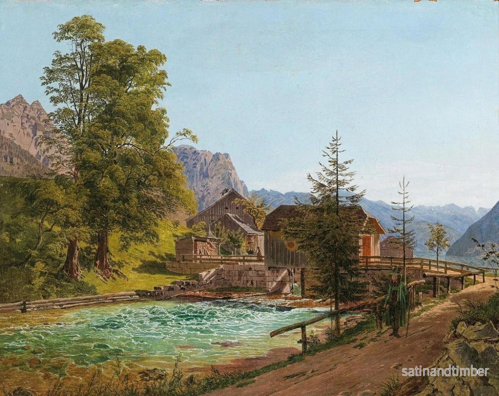 Reproduktion av målningen Promenör i Salzkammergut vid Grundlsee-sjön med Traun-floden i bakgrunden till vänster Backenstein - Jakob Alt - Bild 2
