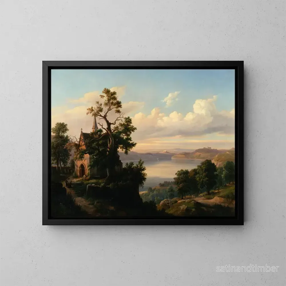 Reproduktion av målningen Landskapsbild med en sjö och en gotisk kyrka - Chrystian Breslauer