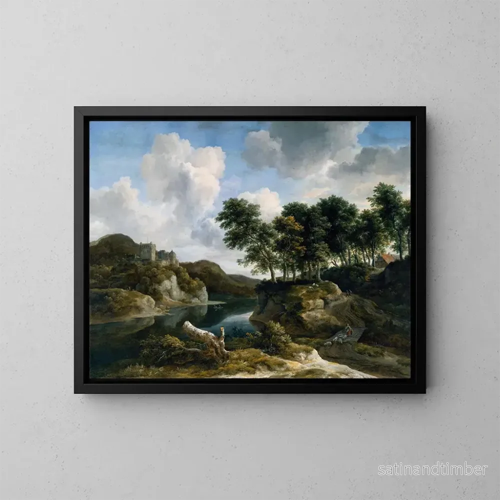 Reproduktion av målningen av flodlandskap med ett slott på en hög klippa - Jacob van Ruisdael