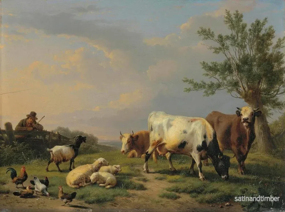 Reproduktion av målningen En bonde med tre kor, tre får, en get och fem höns i ett landskap - Eugène Joseph Verboeckhoven - Bild 2