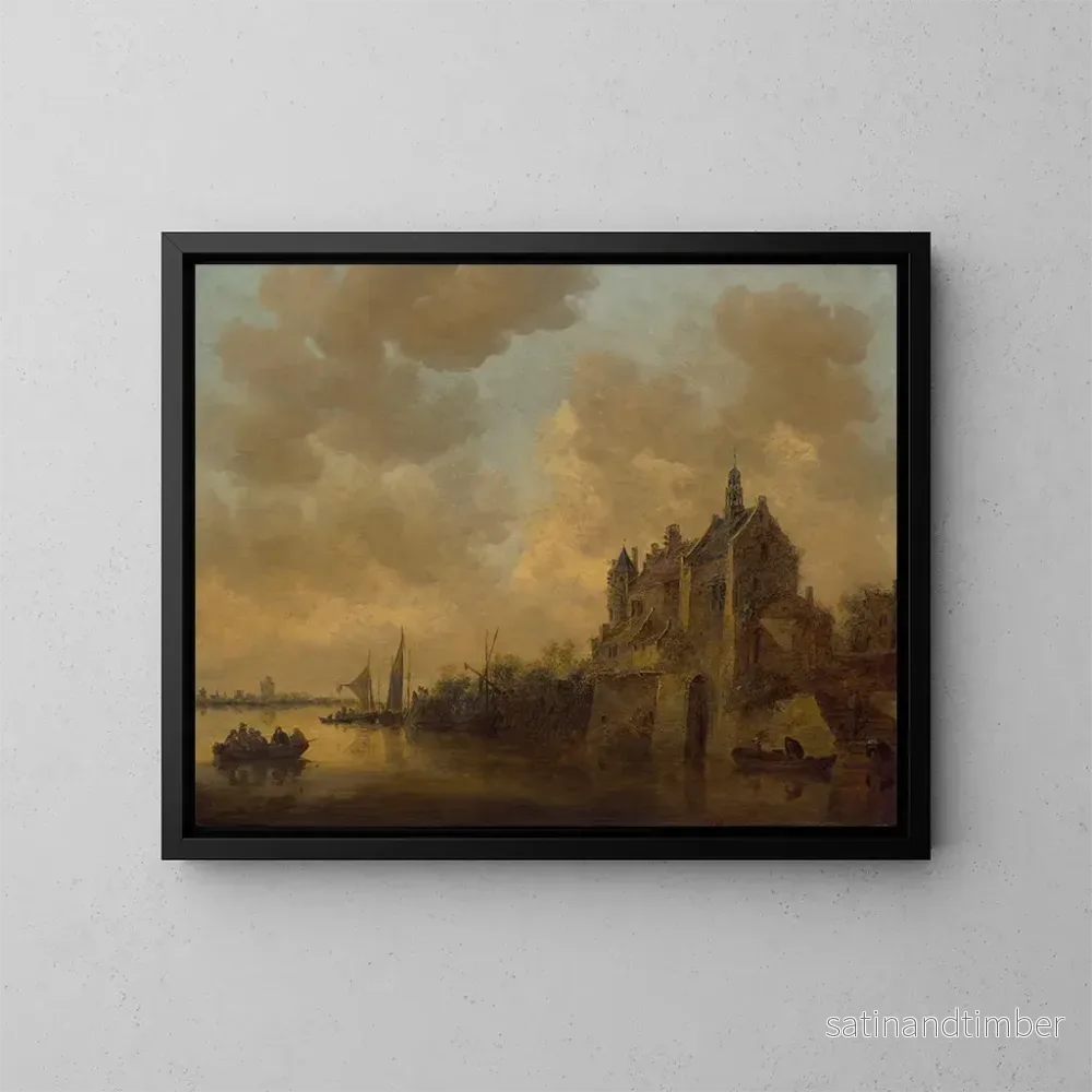 Reproduktion av målningen av ett flodlandskap med ett herrgård, båtar och andra farkoster - Jan van Goyen