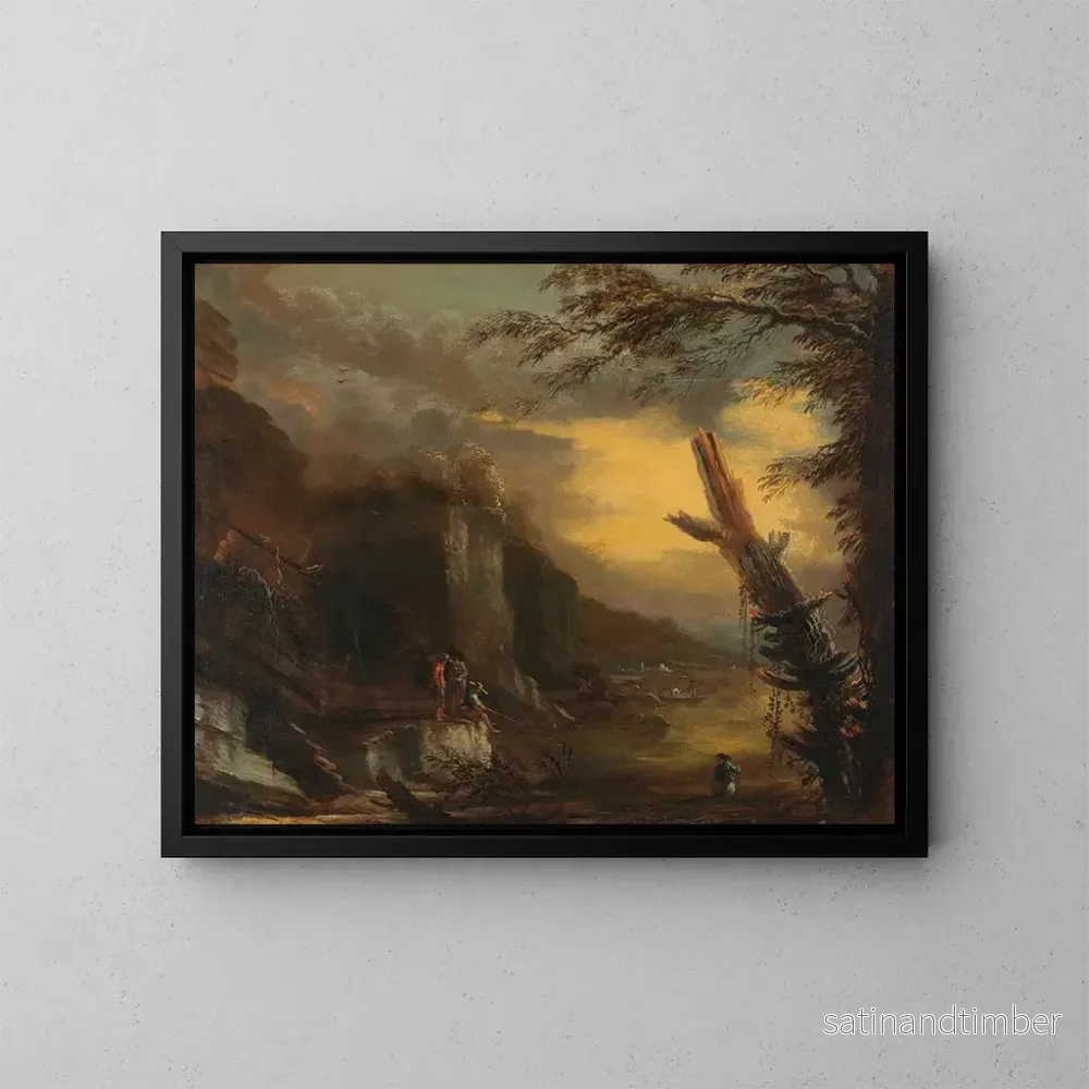 Reproduktion av målningen Figures som fiskar i ett kustlandskap med klippor - Salvator Rosa