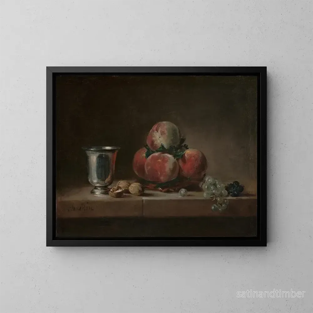 Reproduktion av målningen av Naturbild med persikor, ett silverglas, druvor och nötter - Jean Siméon Chardin