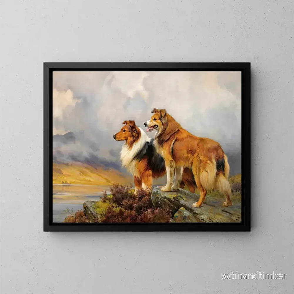 Reproduktion av målningen Deux colleys au-dessus d'un lac - Wright Barker