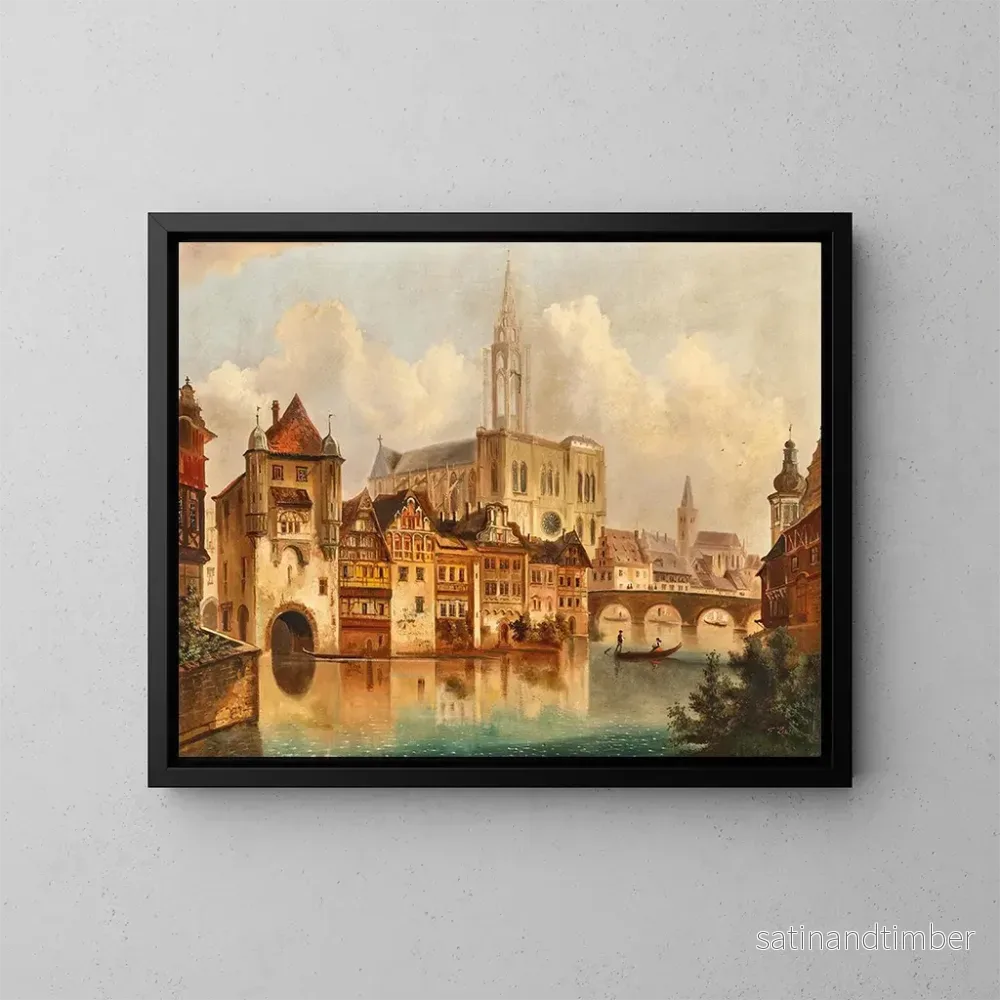 Reproduktion av målningen En scen vid en kanal nära Strasbourg-domkyrkan - Ferdinand Lepié