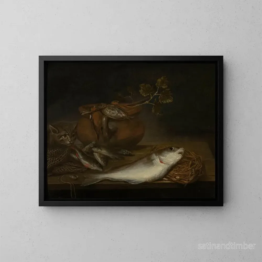 Reproduktion av målningen av naturtavla med fisk, fåglar och en katt - Pieter van Schaeyenborgh